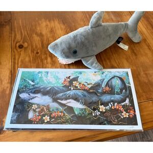 Baby Nursery Shark Art Print 8x16 Aquarium Decor and Great White Plushie